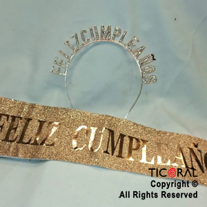 SET VINCHA Y BANDA FELIZ CUMPLEAOS CON STRASS ROSA GOLD X 1